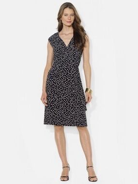 Ralph Lauren Draped Jersey Dress Size 16W Black Polka Dots V-Neck Short Sleeves